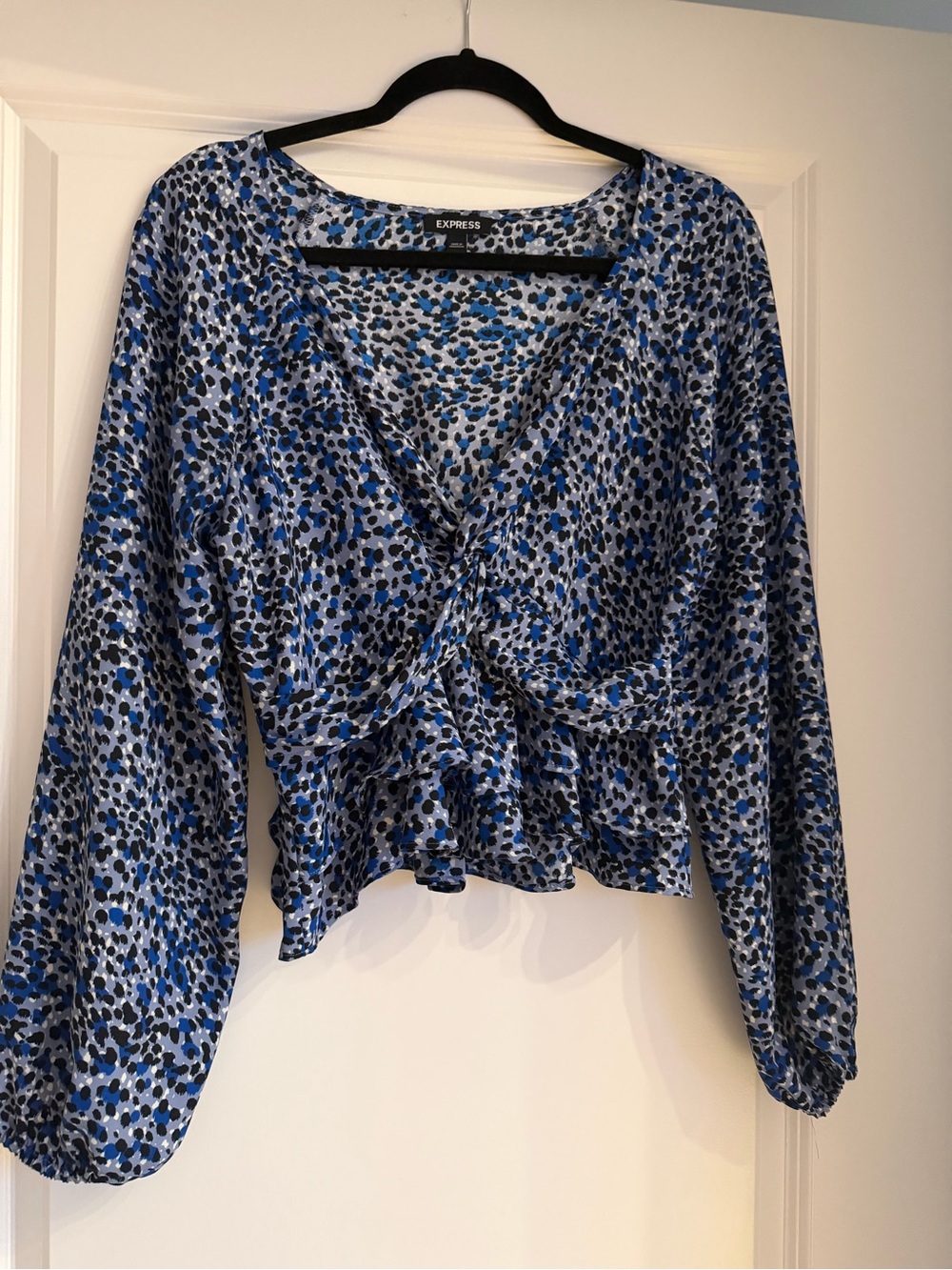 Express Blue and Black Dotted Wrap Blouse